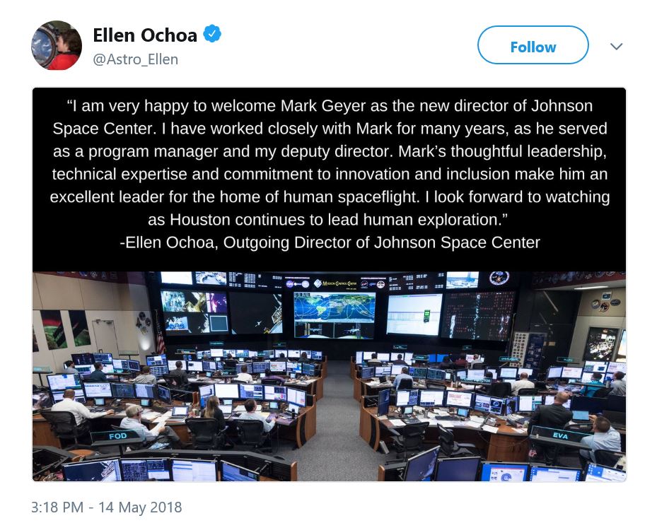 Tweet from @Astro_Ellen congratulating Mark Geyer