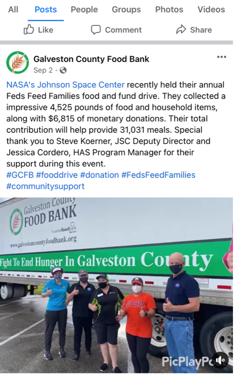 Screenshot of Galveston County Food Bank expressing their thanks to the JSC team through social media. 