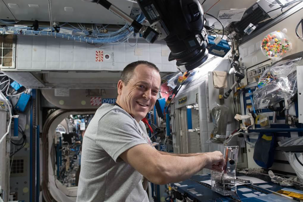 NASA Astronaut and Flight Engineer Ricky Arnold works with a student-designed Genes in Space-5 experiment. Credit: NASA