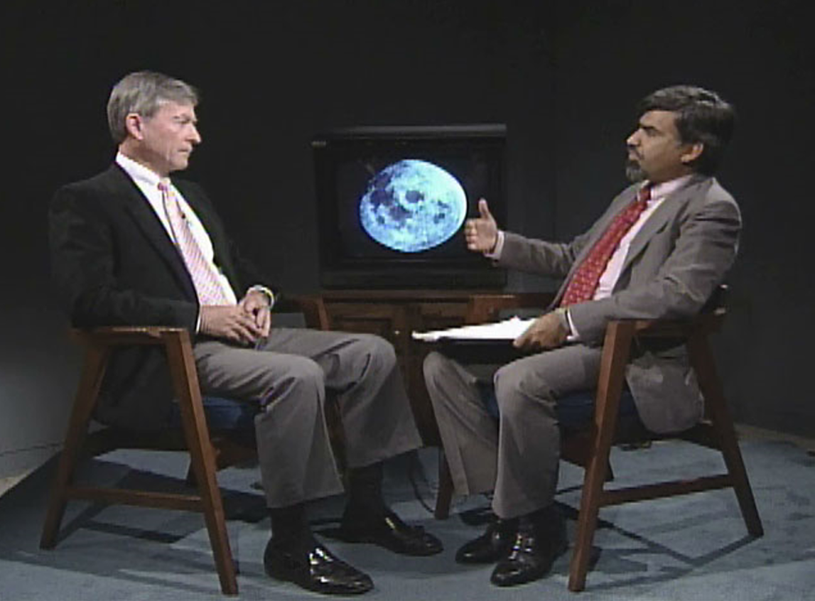 Dr. Lulla interviews astronaut and moonwalker John Young for a NASA TV segment on “Why Explore Space?” for a space science workshop in 1990. Image courtesy of Dr. Kamlesh Lulla.