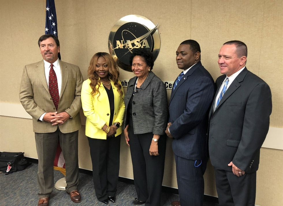 Pictured left to right are Mr. Stephen Brettel, Program Director, PAE Applied Technology, LLC., Ms. Tabisa Kalisa, Program Manager, NASA Mentor Protégé Program, Dr. Ruth Simmons, President of Prairie View A&M University, Mr. Robert Watts, Small Business Specialist, JSC and Mr. Jose Garcia, Deputy Director, JSC Office of Procurement