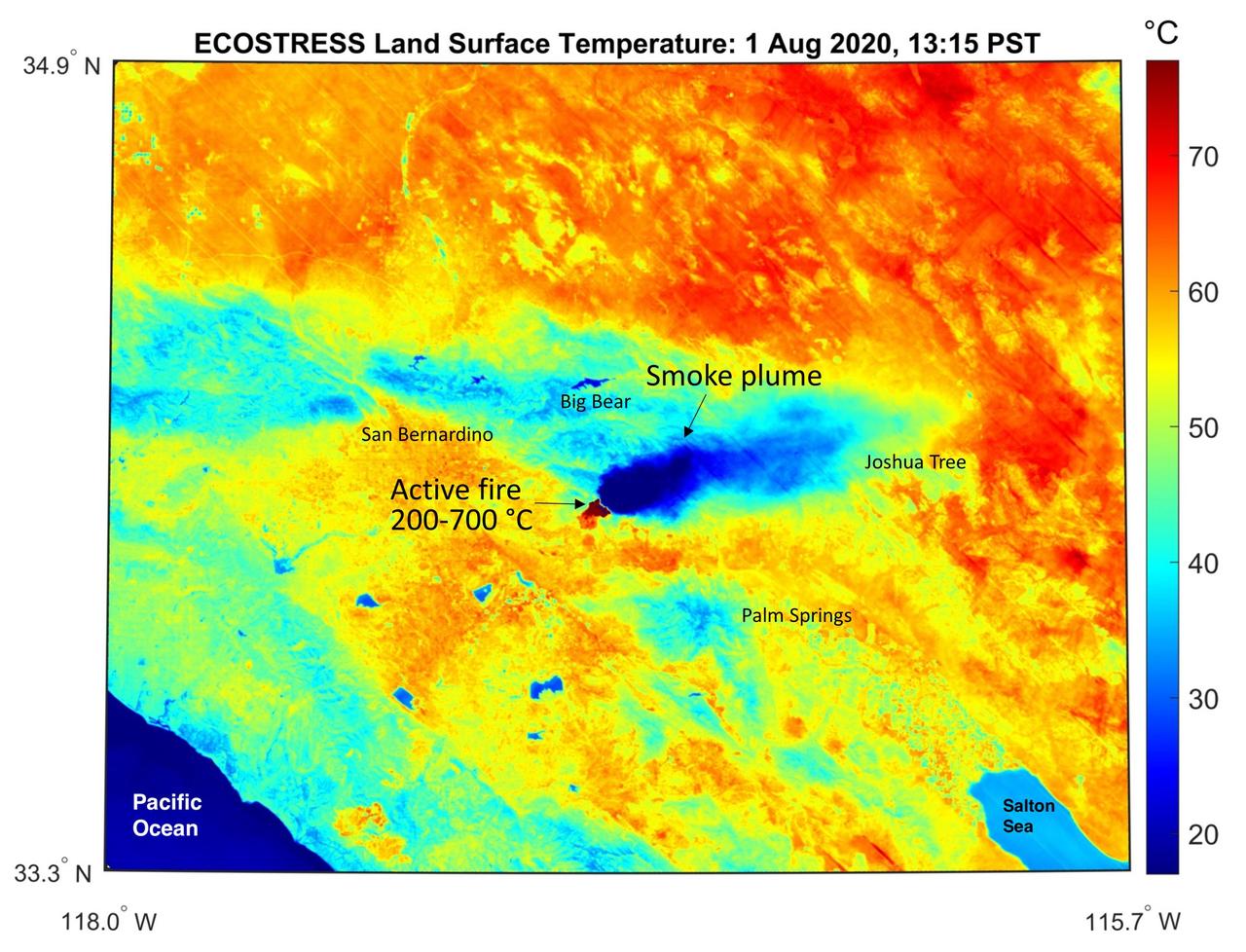 This temperature map shows the stressed and dry vegetation surrounding the Apple fire in Southern California on Aug. 1, 2020. The observation was made possible by NASA’s Ecosystem Spaceborne Thermal Radiometer Experiment on Space Station, or ECOSTRESS, that measured the temperature of the burn area and tracked the dark smoke plume drifting east from California to Arizona. Credits: NASA/JPL-Caltech