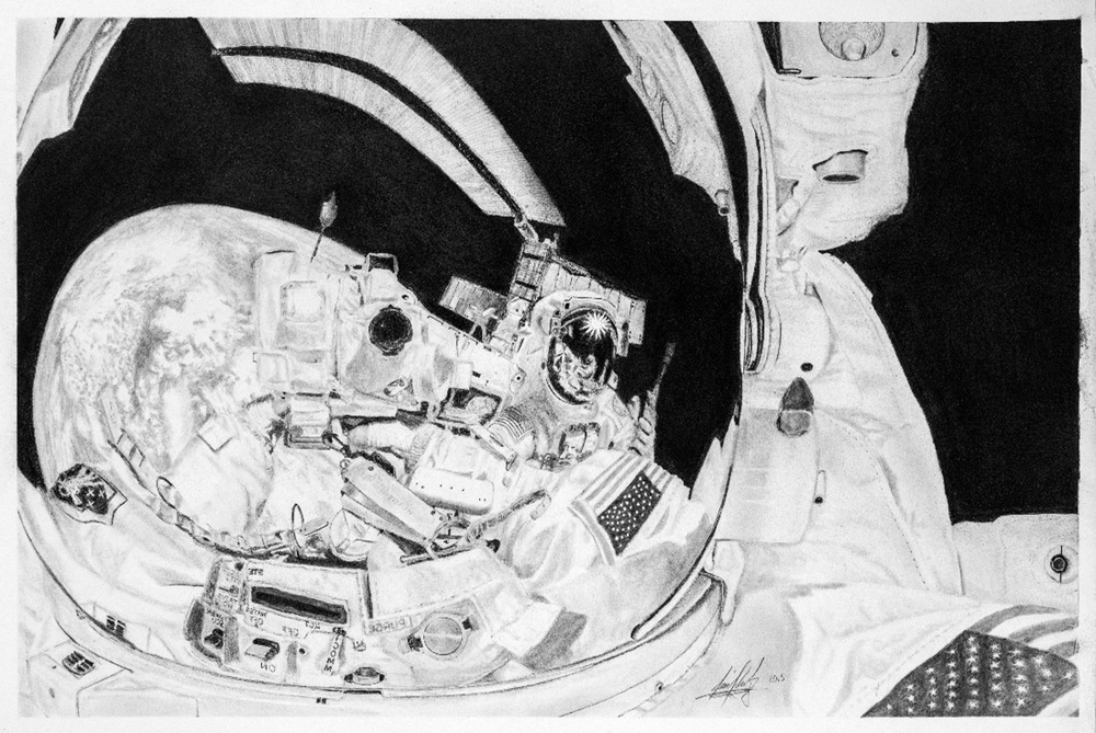 Pencil art of astronaut Michael Fossum’s selfie during a spacewalk. A compilation of drawings from the Jim Schulz art project are displayed on the third floor of Building 4S, adjacent to the elevator lobby. Credit: NASA/Lauren Harnett