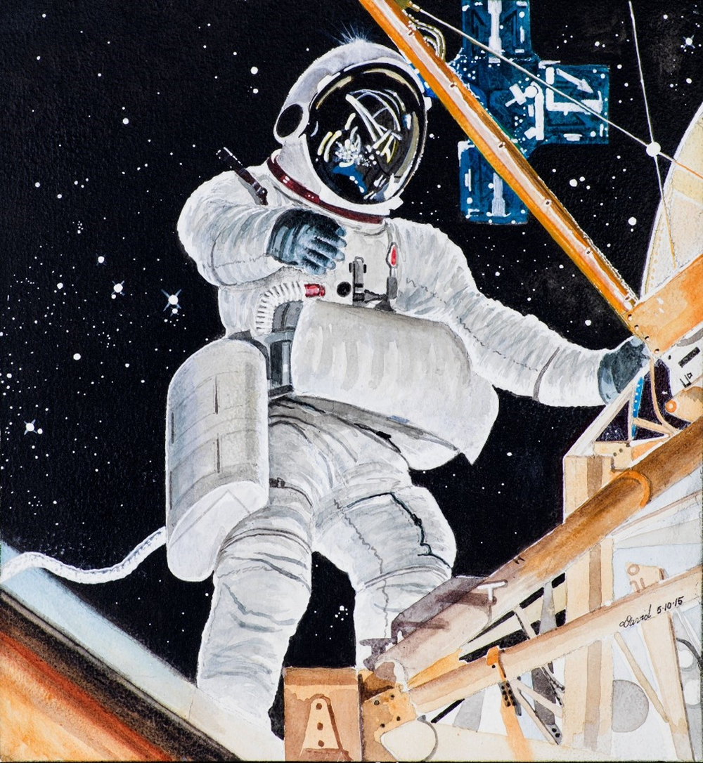 Painting of the Apollo Skylab spacewalk by artist David Hughes. Credit: NASA/Bill Stafford