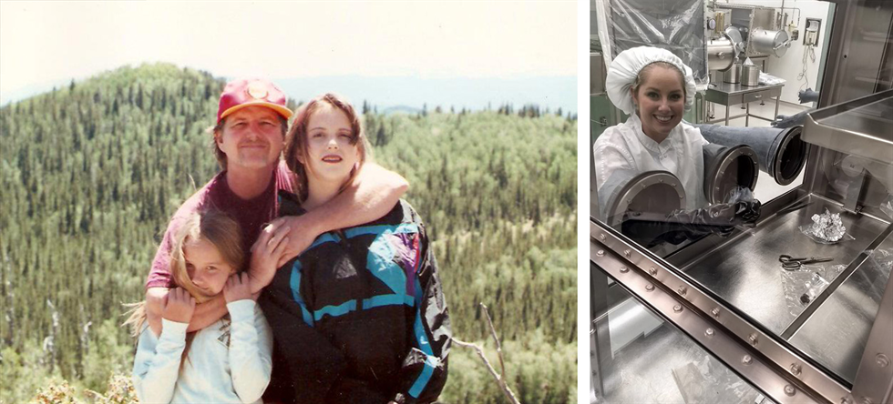 Then and now: Rachel Funk appreciating the outdoors with her family (left), and today working in Johnson Space Center’s Meteorite Lab (right).