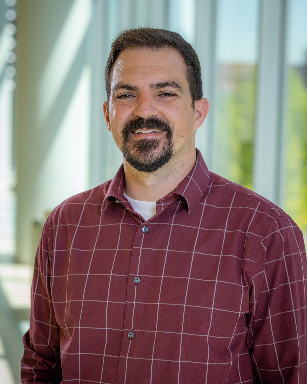 Professional headshot of a man with dark hair, a beard, and a mustache wearing a maroon shirt with a white grid pattern.