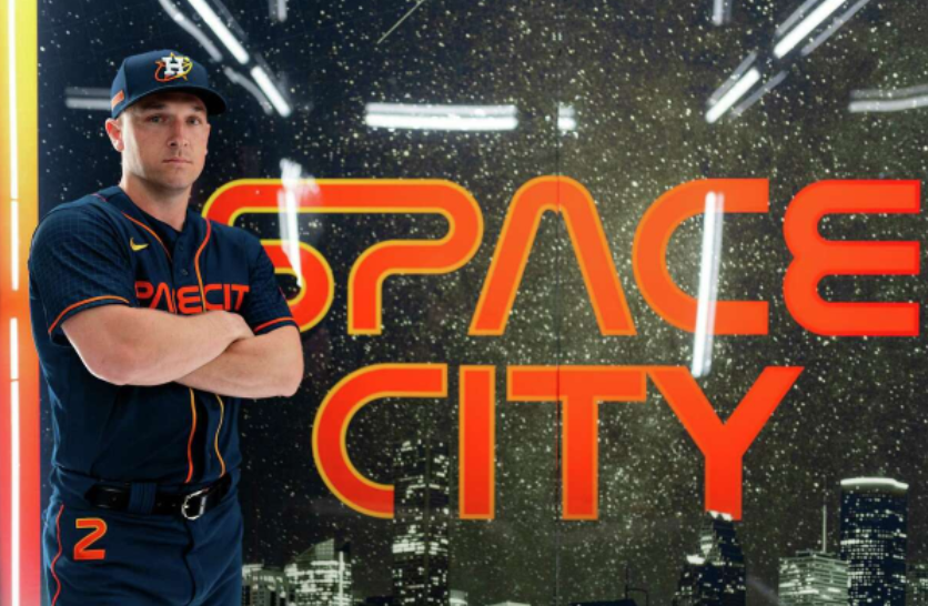 Astros third baseman Alex Bregman models the new City Connect uniforms that made their debut in the April 20 home game against the Angels. Courtesy: Houston Astros