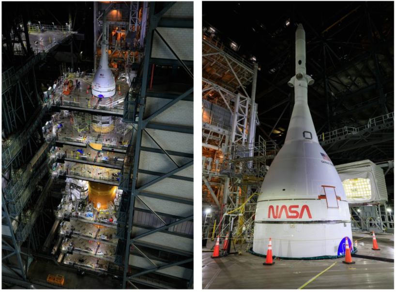 Teams retracted the first two of 20 platforms surrounding the Space Launch System rocket and Orion spacecraft that allow work on the integrated system in High Bay 3 inside the Vehicle Assembly Building at NASA’s Kennedy Space Center in Florida. The first platforms to be retracted – which move like hydraulic kitchen drawers when moved – are those located near the launch abort system on Orion in preparation for rollout to Launch Complex 39B for the Artemis I wet dress rehearsal. Photo credits: NASA/Kim Shiflett