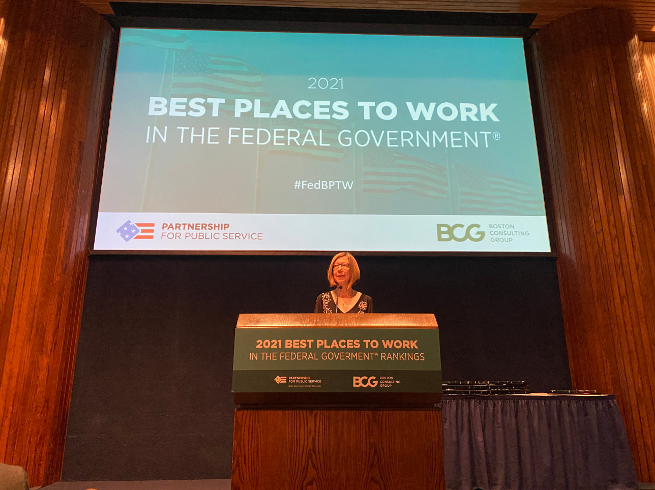 Kathy Lueders, NASA associate administrator for the Space Operations Mission Directorate, accepts the Partnership for Public Service’s award that ranked NASA the Best Place to Work in the Federal Government among large agencies in 2021 during a ceremony in Washington, D.C. on July 13, 2022. Credits: NASA