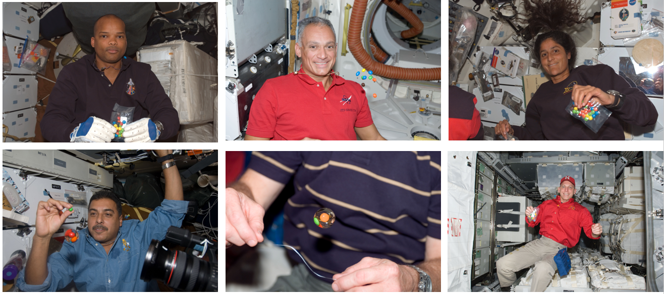 Collage of astronauts eating candies in space