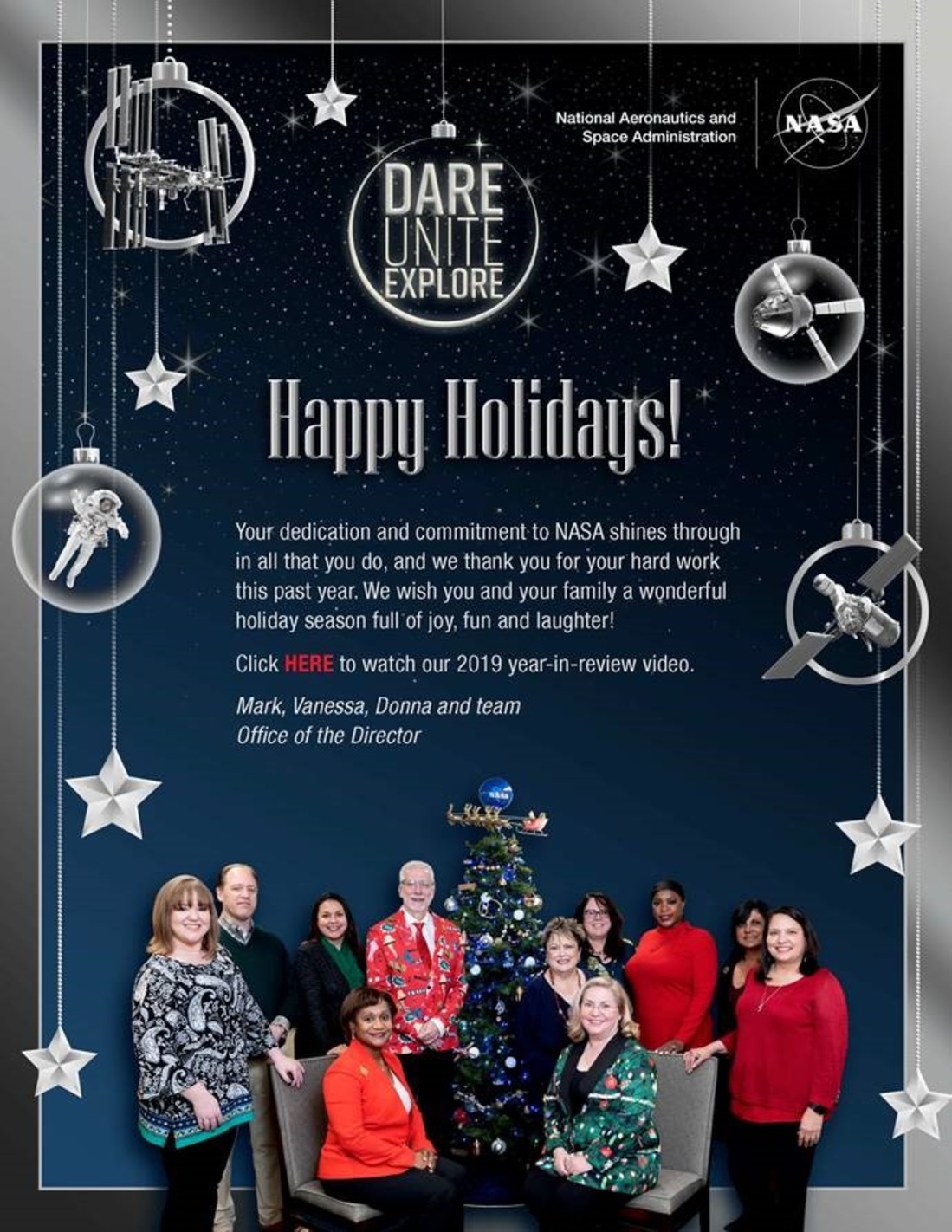 Enjoy this holiday card from NASA Johnson Space Center Director Mark Geyer and the leadership team! Watch the year-in-review video embedded within the card here.