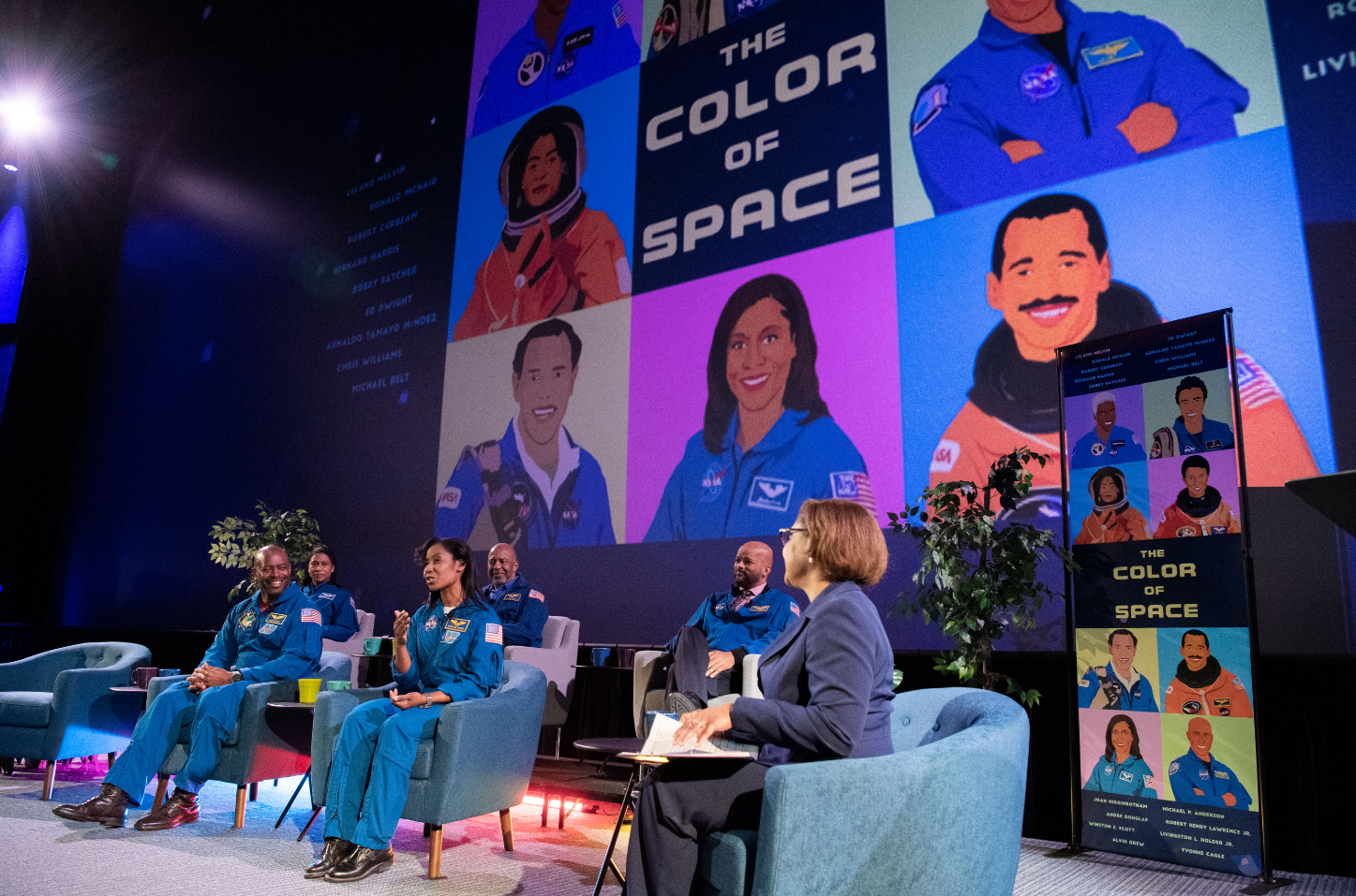 NASA Johnson Space Center Director Vanessa Wyche, far right, moderates a discussion between seven current and former Black astronauts. Credits: NASA/Bill Stafford