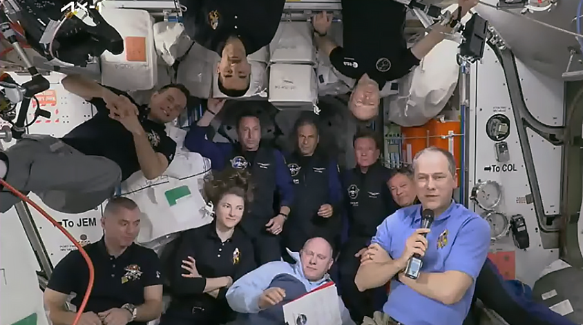The 11-person crew aboard the station comprises of (bottom row from left) Expedition 67 Flight Engineers Denis Matveev, Kayla Barron, Oleg Artemyev, and station Commander Tom Marshburn; (center row from left) Axiom Mission 1 astronauts Mark Pathy, Eytan Stibbe, Larry COnnar, and Michael Lopez-Alegria; (top row from left) Expedition 67 Flight Engineers Sergey Korsakov, Raja Chari, and Matthias Maurer.