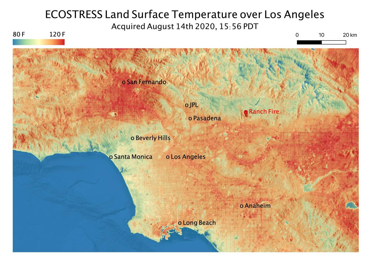 This temperature map shows the land surface temperatures throughout Los Angeles County on Aug. 14, 2020. The observation was made possible by NASA’s ECOSTRESS, which measured a peak land surface temperature in the San Fernando Valley, northwest of downtown Los Angeles, of 128.3 degrees Fahrenheit. ECOSTRESS collected this data as the space station passed over California at about 3:56 p.m. PDT during a record-breaking heat wave that gripped the region. Credits: NASA/JPL-Caltech