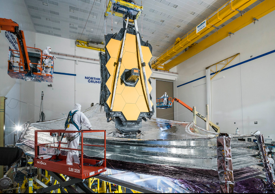 Prior to the successful mirror deployment test, Webb cleared one of its most important testing milestones to date. Webb’s five-layer sunshield was successfully deployed and tensioned into the same configuration it will have once in space! Credits: NASA/Chris Gunn