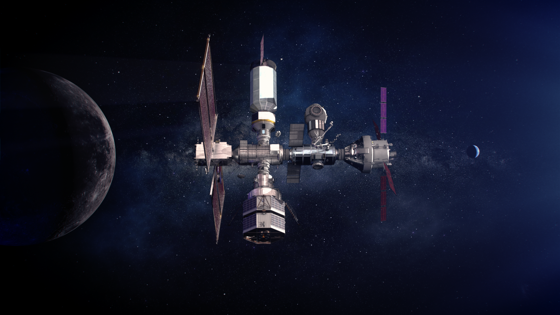 Illustration of Gateway in lunar orbit with contributions from international partners. Credits: NASA