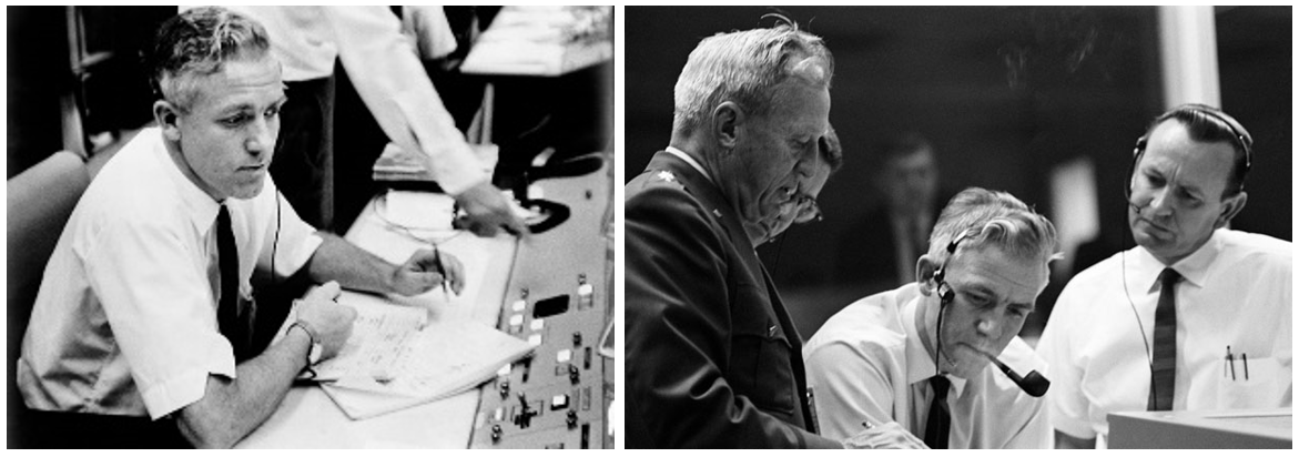 Left: John Hodge at his console during a simulation in 1965. Right: Lt. General Leighton I. Davis discusses the Gemini-Titan 6 mission in the Mission Control Center with Hodge and Christopher C. Kraft, Jr. Credits: NASA 