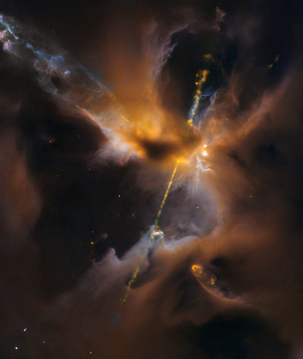 This sequence combines a two-dimensional zoom and a three-dimensional flight to explore the Hubble Space Telescope's striking image of the Herbig-Haro object known as HH 24
