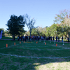 A group of people gathered outside on the lawn during a turkey launch. 