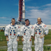 Apollo 10 crew of (left to right) Eugene Cernan, John Young and Thomas Stafford pose in front of their Saturn V rocket at Launch Pad 39B. Image Credit: NASA