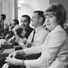 Barbara Cernan (right) in the Mission Control Center viewing room, accompanied by Flight Director Lunney. Image Credit: NASA