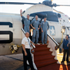 Apollo 10 astronauts (left to right) Cernan, Stafford and Young exit the recovery helicopter on the deck of the USS Princeton. Image Credit: NASA