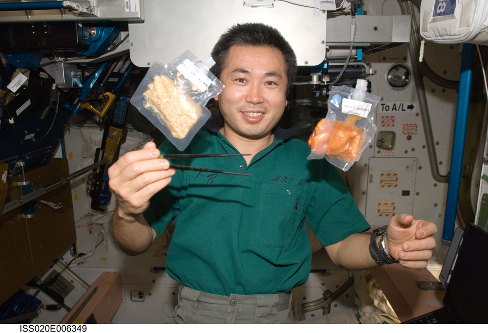 JAXA (Japan Aerospace Exploration Agency) astronaut Koichi Wakata, Expedition 20 flight engineer, holds chopsticks near two food containers floating freely in Unity node of the International Space Station. Credits: NASA