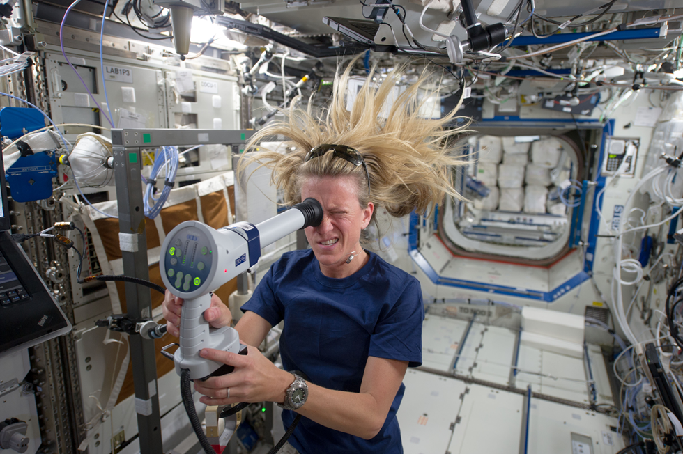 Visual Impairment Intracranial Pressure Syndrome was identified in 2005 and is currently NASA’s leading spaceflight-related health risk. Here, NASA astronaut Karen Nyberg of NASA uses a fundoscope to image her eye while aboard the space station. Image Credit: NASA