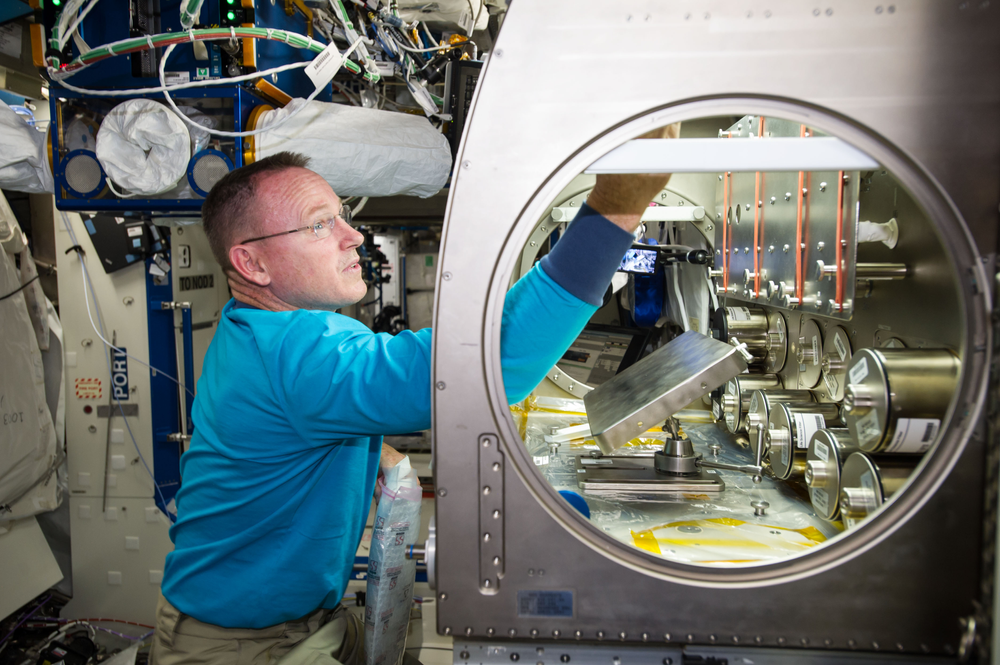 NASA astronaut Barry "Butch" Wilmore setting up the Rodent Reseach-1 Hardware in the Microgravity Science Glovebox aboard the International Space Station. Credits: NASA