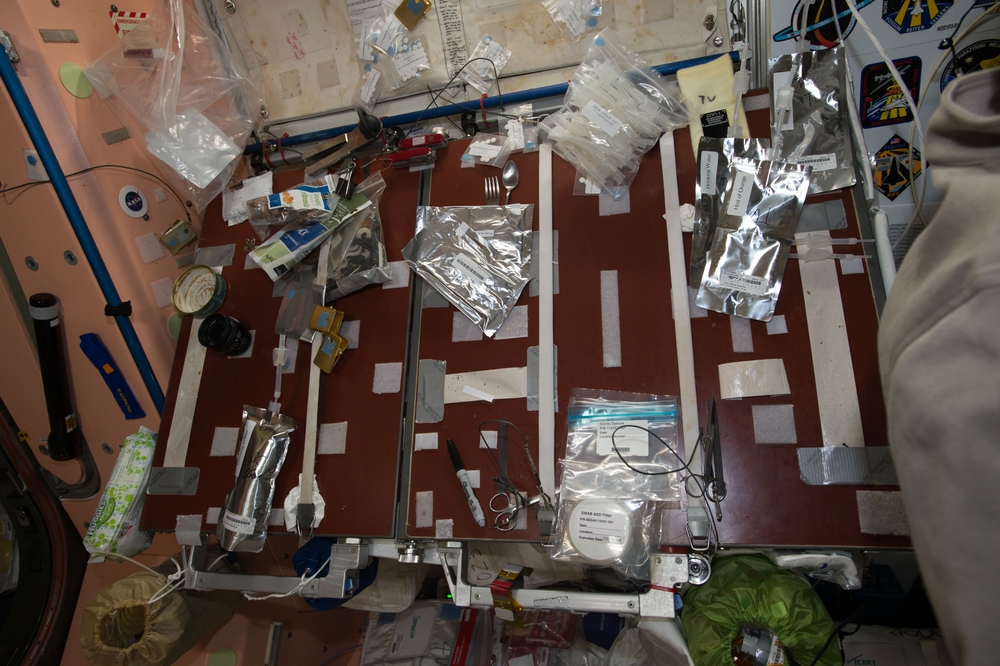 Photographic documentation taken prior to collection of surface and air samples using various devices in multiple locations to characterize the types of microbial populations on the International Space Station for the Microbial Observatory-1 payload. 