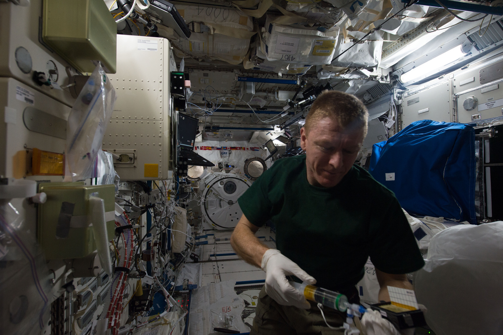 Image of a person wearing a green shirt in a microgravity laboratory.