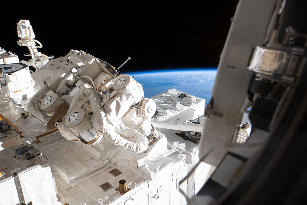 View of an observatory module mounted to the outside of the International Space Station.