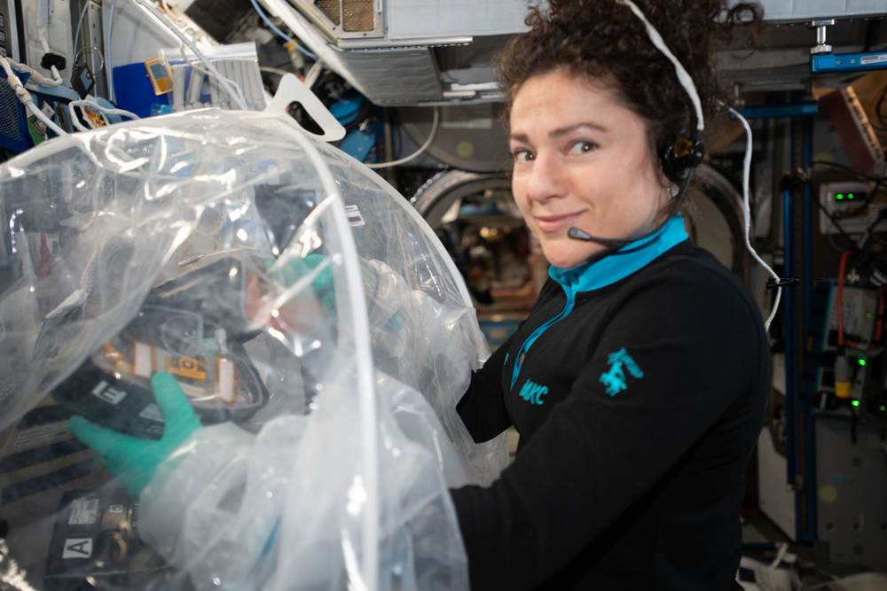 A person wearing gloves holding a platform in a round plastic glove box.