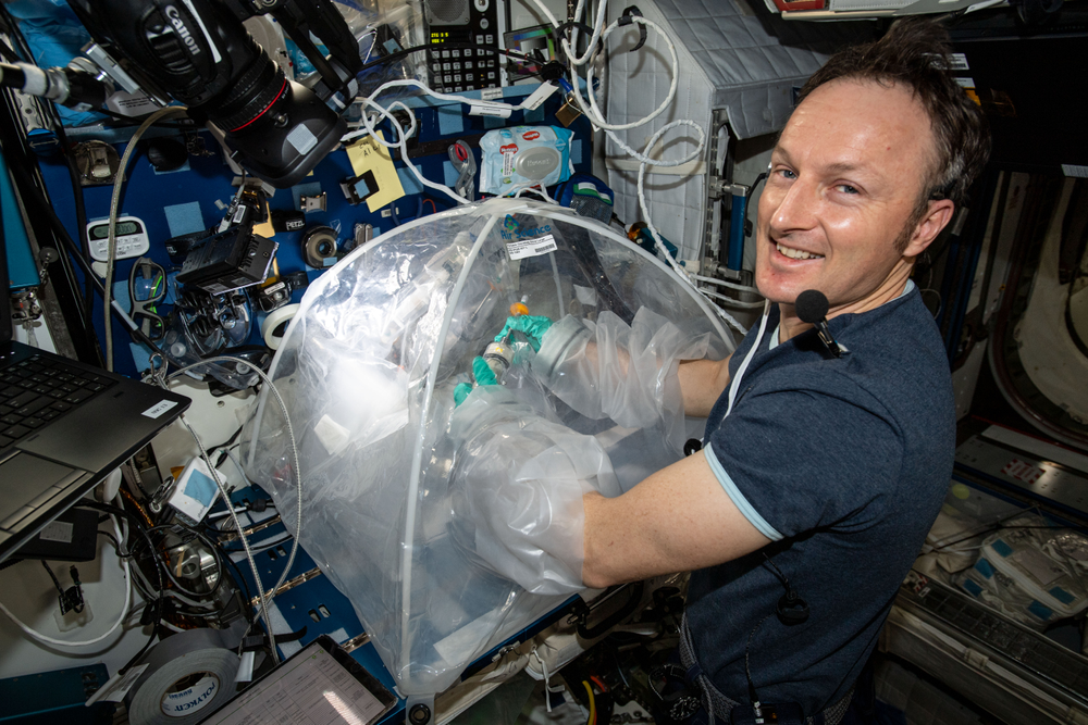 An astronaut works on a scientific experiment inside a glovebag.