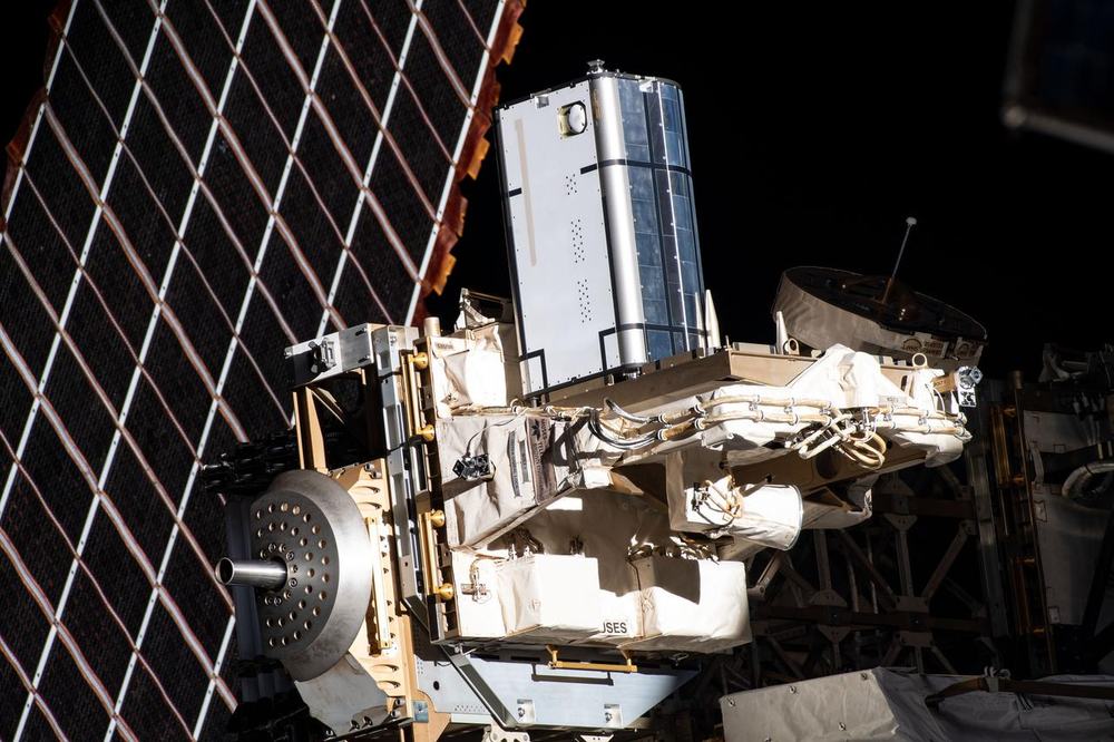 An external platform holding Earth-viewing sensors is mounted on the outside of the International Space Station.