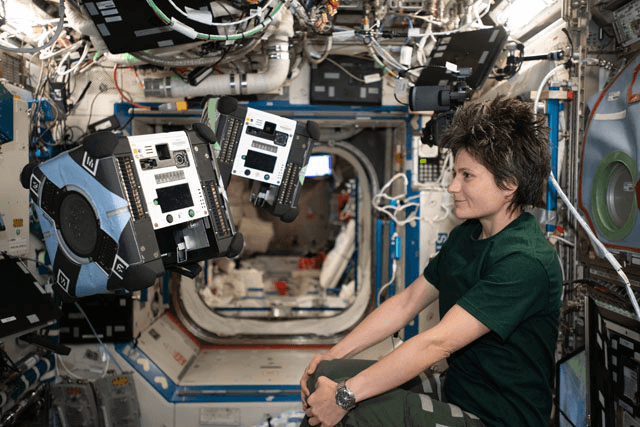 ESA (European Space Agency) astronaut and Expedition 67 Flight Engineer Samantha Cristoforetti monitors a pair of Astrobee robotic free-flyers performing autonomous maneuvers inside the International Space Station. The cube-shaped, toaster-sized robots are designed to help scientists and engineers develop and test technologies for use in microgravity to assist astronauts with routine chores and give ground controllers additional eyes and ears on the space station.