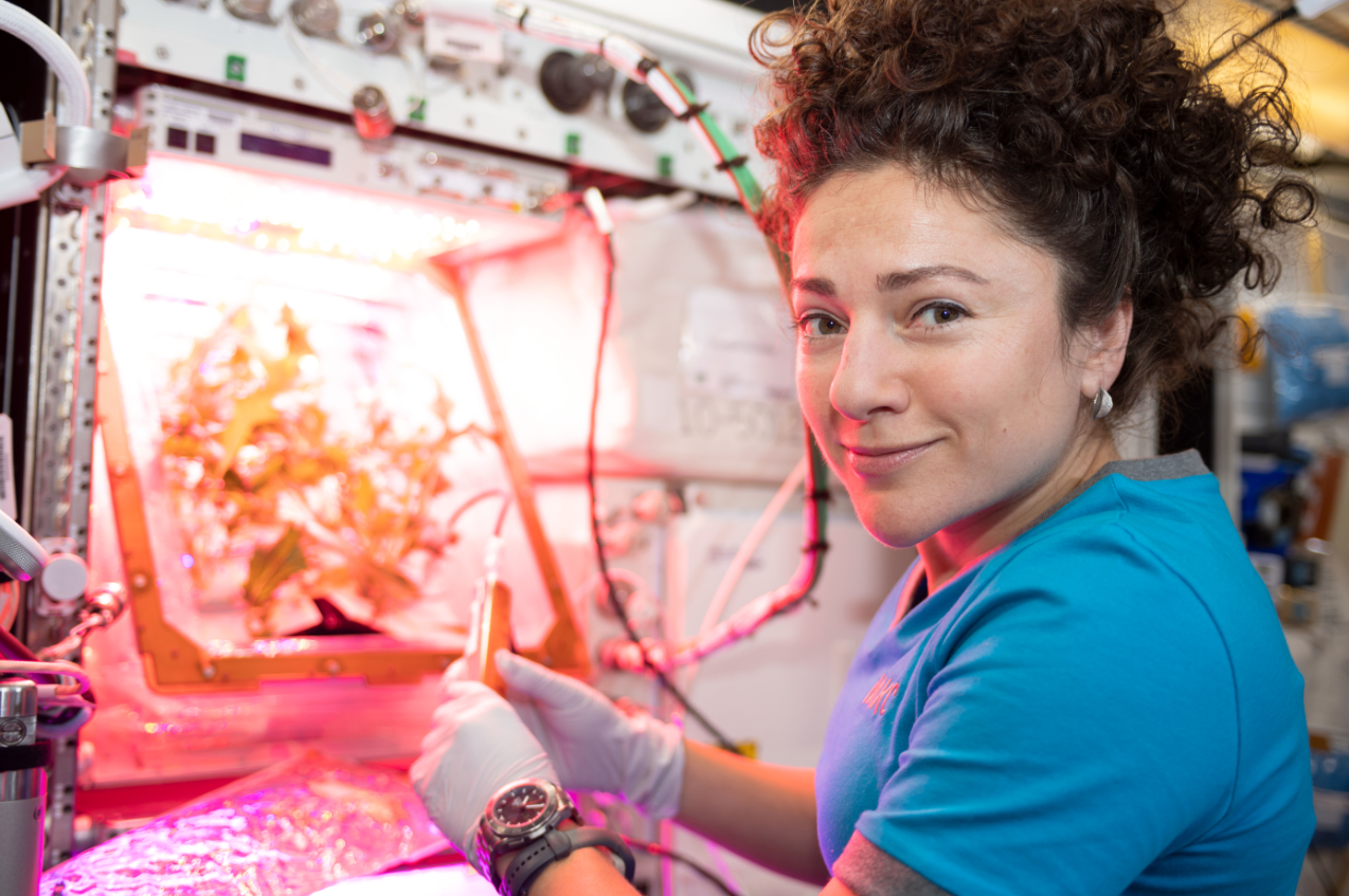 Exploring how to grow crops and produce vegetation in extreme environments is necessary for future space travel, and the work has already begun. Here, NASA astronaut Jessica Meir waters plant pillows where Mizuna mustard greens are raised as part of the Veg-04B botany experiment. Credits: NASA