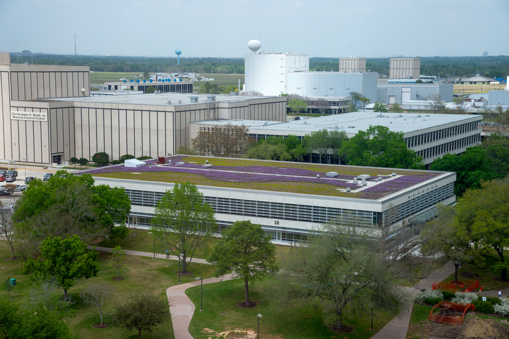 An aerial view of a rooftop garden, featuring modern buildings in the background.