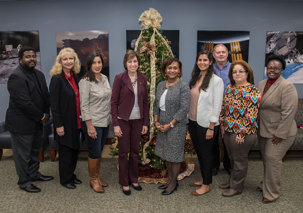 FEMA volunteers get a big thank you and recognition from Johnson Space Center Director Ellen Ochoa and acting Deputy Director Vanessa Wyche. From left are Keith Combs, Cindy Offermann, Rachael Limon, Ochoa, Wyche, Ulcka Patel, Kyle Herring, Livette Santiago Cardona and Amanda Caldwell-Boyce. Not pictured: Karen Rodriguez, Michael Hallock and Mary Randolph. Image Credit: NASA/James Blair