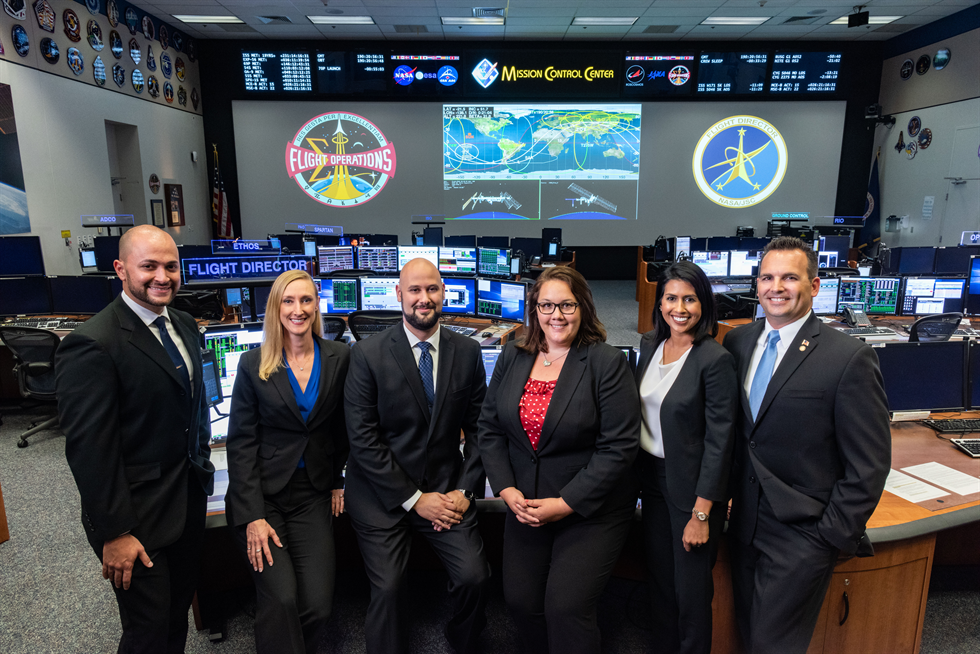 The 2018 Class of NASA Flight Directors for the Mission Control Center (L-R): Marcos Flores, Allison Bolinger, Adi Boulos, Rebecca Wingfield, Pooja Jesrani, and Paul Konyha.