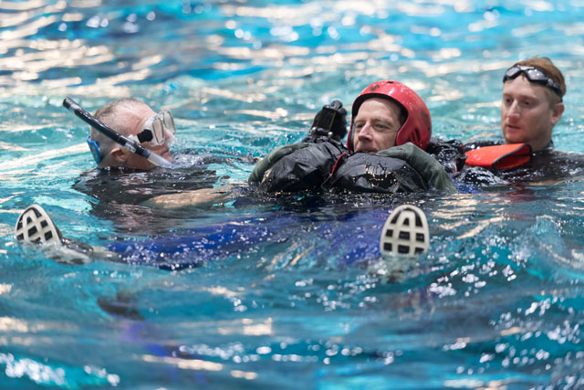 Boeing astronaut Chris Ferguson takes part in water survival training at the Neutral Buoyancy Laboratory.