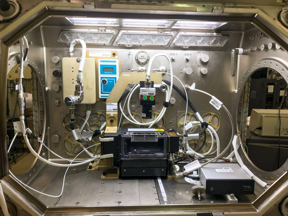 Interior of a glove box on the International Space Station.