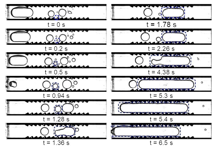 A preflight image sequence from terrestrial experiments with two vertically oriented ratchet surfaces; subcooling: 9.5 ℃; heat flux: 1.31 W/cm2. Asymmetric Sawtooth and Cavity-Enhanced Nucleation-Driven Transport (PFMI-ASCENT) demonstrates a passive cooling system for electronic devices in microgravity using a microstructured surface.