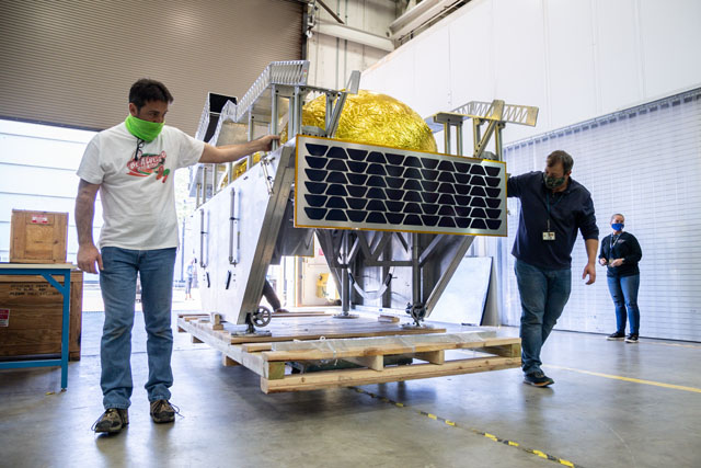 The Griffin Lander analog model recently arrived to the Volatiles Investigating Polar Exploration Rover (VIPER) lab. Credits: NASA/Josh Valcarcel