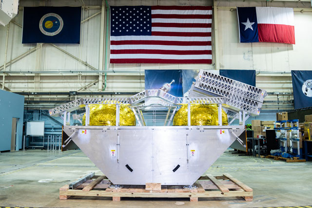 The Griffin Lander analog model recently arrived to the Volatiles Investigating Polar Exploration Rover (VIPER) lab. Credits: NASA/Josh Valcarcel