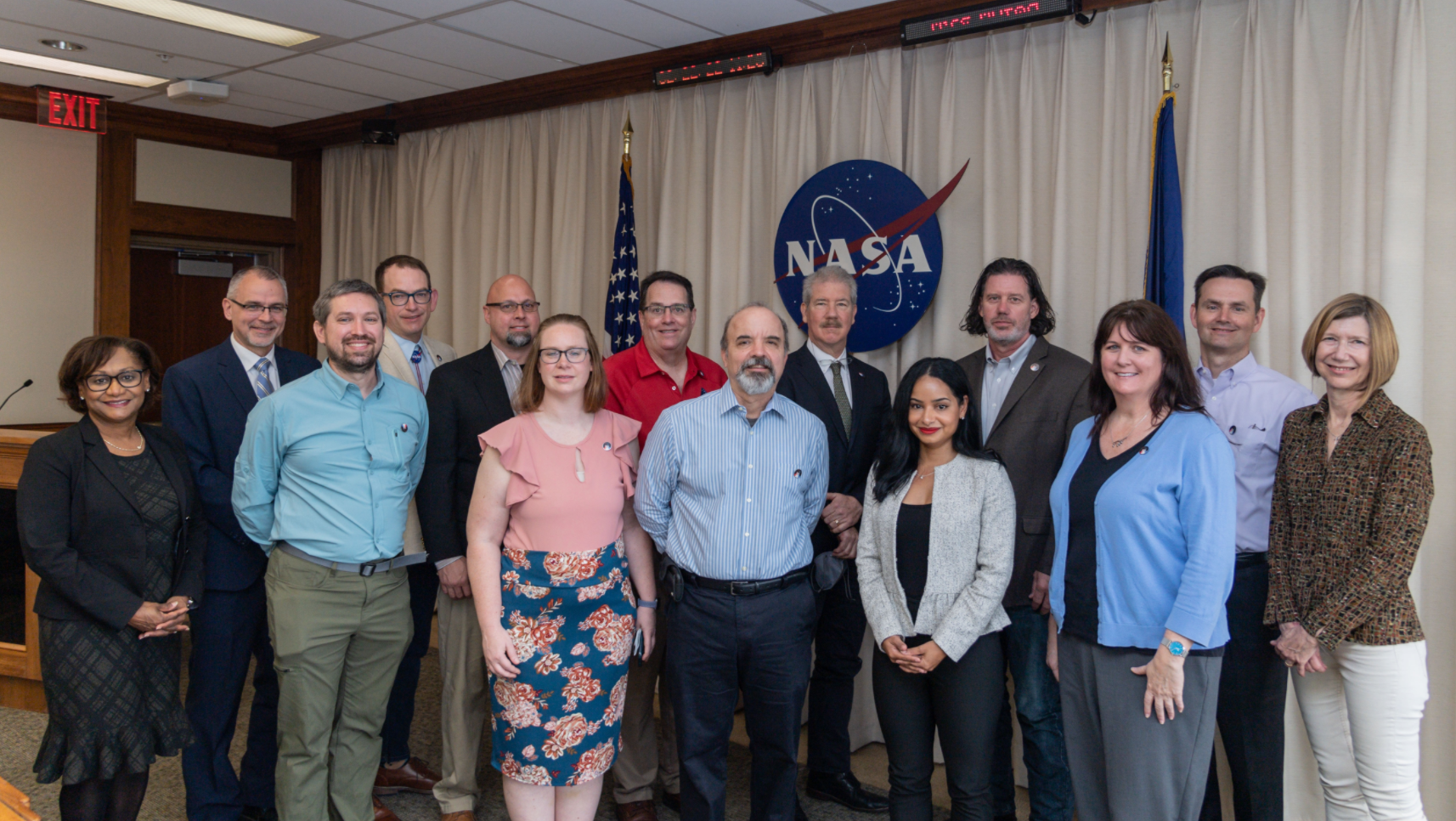 Front Row, from left: NASA Johnson Space Center Director Vanessa Wyche, Brian Lewis, Hannah Bradley, Francisco Hernandez, Miriam Sam, and Beth Fenner. Back row, from left: NASA Associate Administrator for Exploration Systems Development James Free, JC Melcher, Nate Uitenbrock, Keith Williams, Stephen Hart, Nathan Vassberg, Tim Otterson, and NASA Associate Administrator for the Space Operations Mission Directorate Kathy Lueders. Credits: NASA/Josh Valcarcel