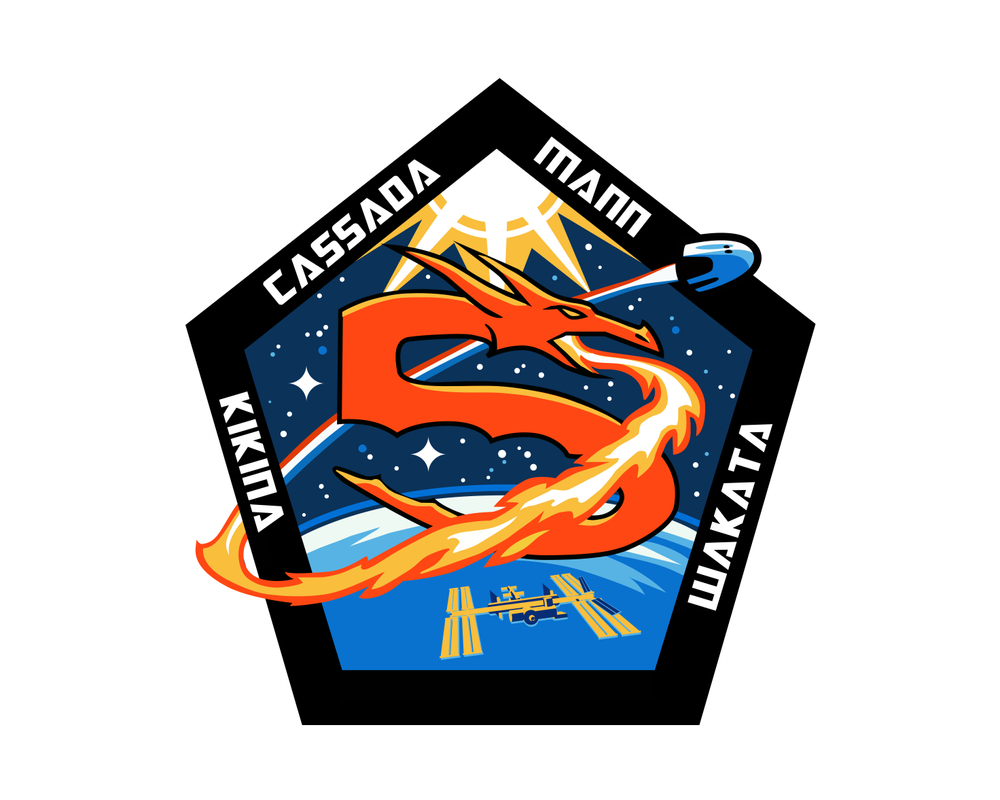 An image of a mission patch with an orange dragon in the shape of a five in the middle. 