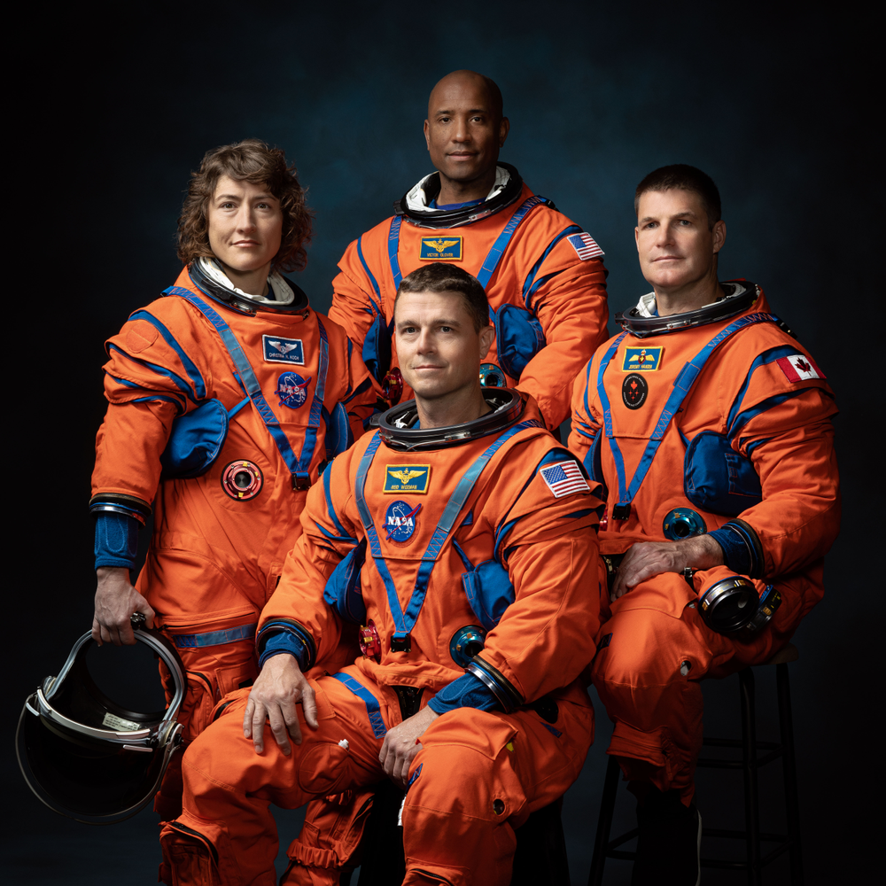 The crew of NASA’s Artemis II mission (left to right): NASA astronauts Christina Hammock Koch, Reid Wiseman (seated), Victor Glover, and Canadian Space Agency astronaut Jeremy Hansen. Credits: NASA