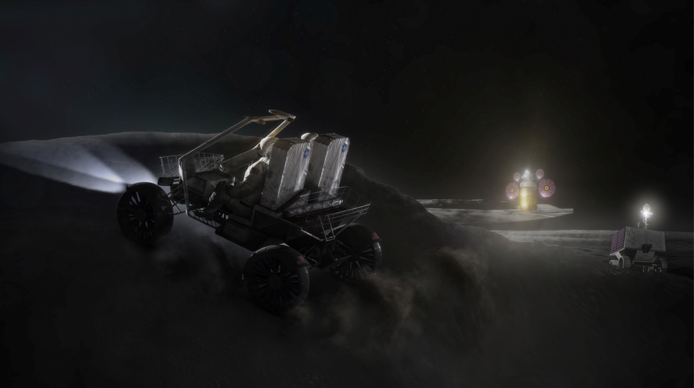 The Lunar Terrain Vehicle, seen in the foreground of this artist's concept, is one of several key elements of the new EVA and HSM program. Credits: NASA