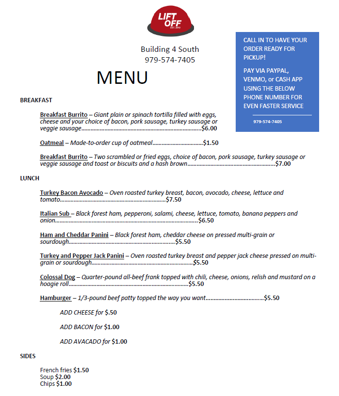 Liftoff Cafe menu